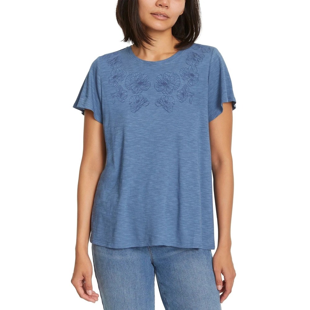 Ella Moss Women's Short Sleeve Embroidered Top, Blue, Size: Medium, New